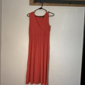 Eddie‎ Bauer Midi Dress Coral  Smocked Waist V Neck Sleeveless Size S